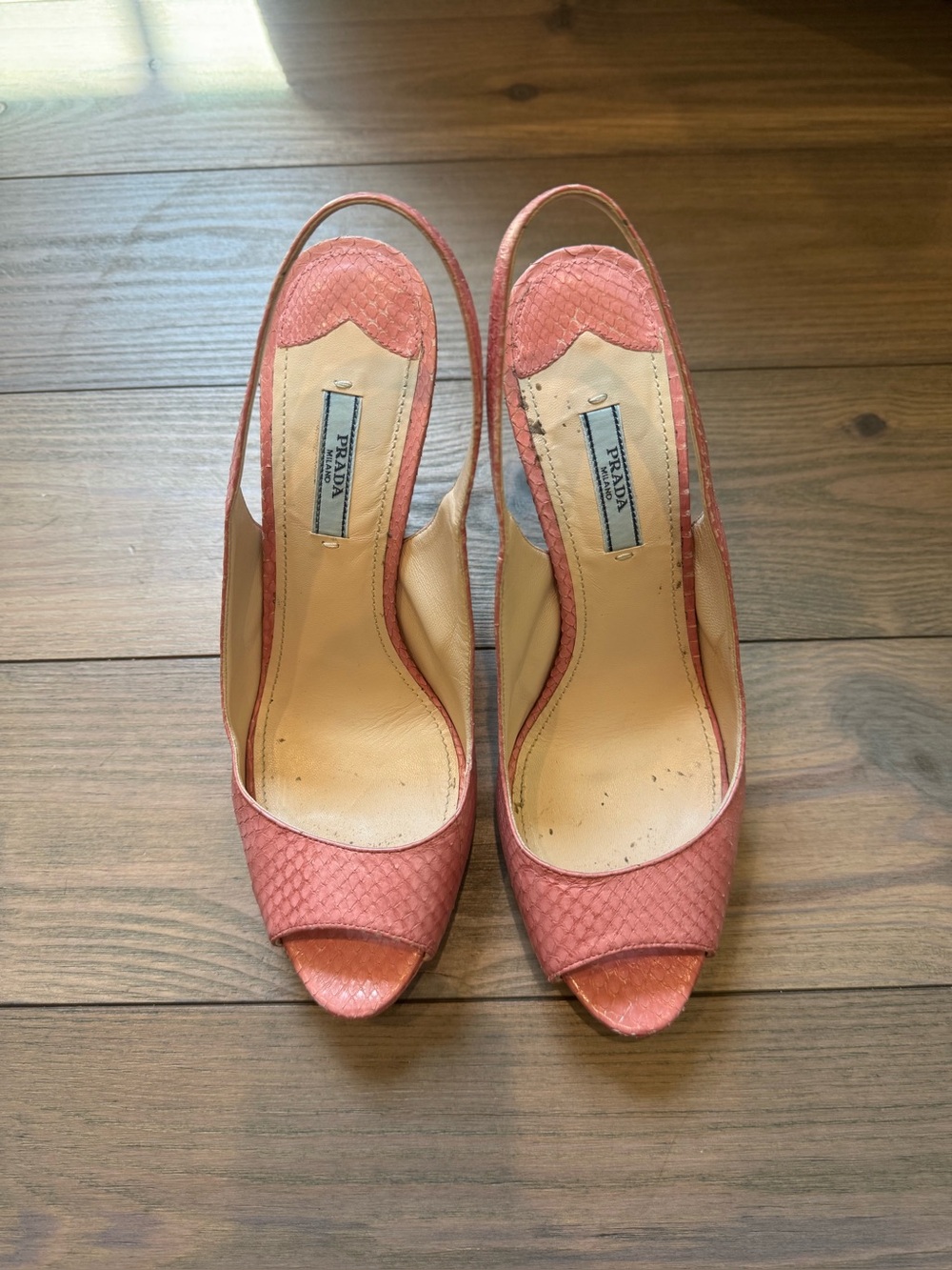 Prada Coral Pink Textured Peep-Toe Slingback Heels